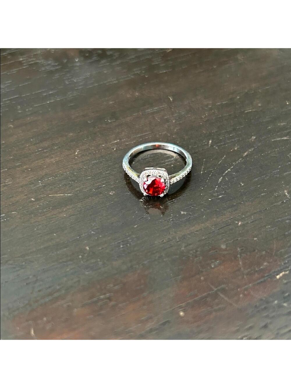 Silver Ring with Red Gemstone and Pave Band
